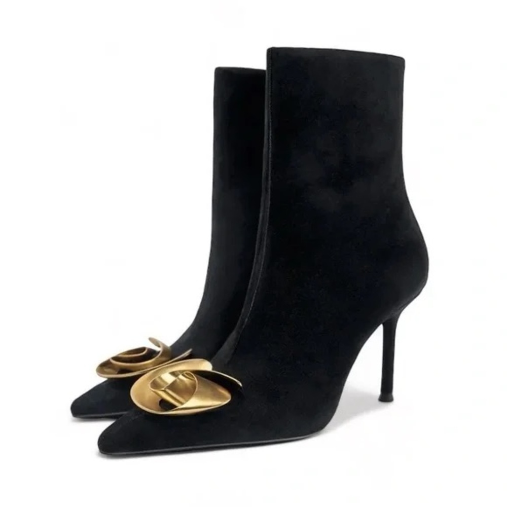 ZARA Black Suede Boots with Abstract Gold Accent